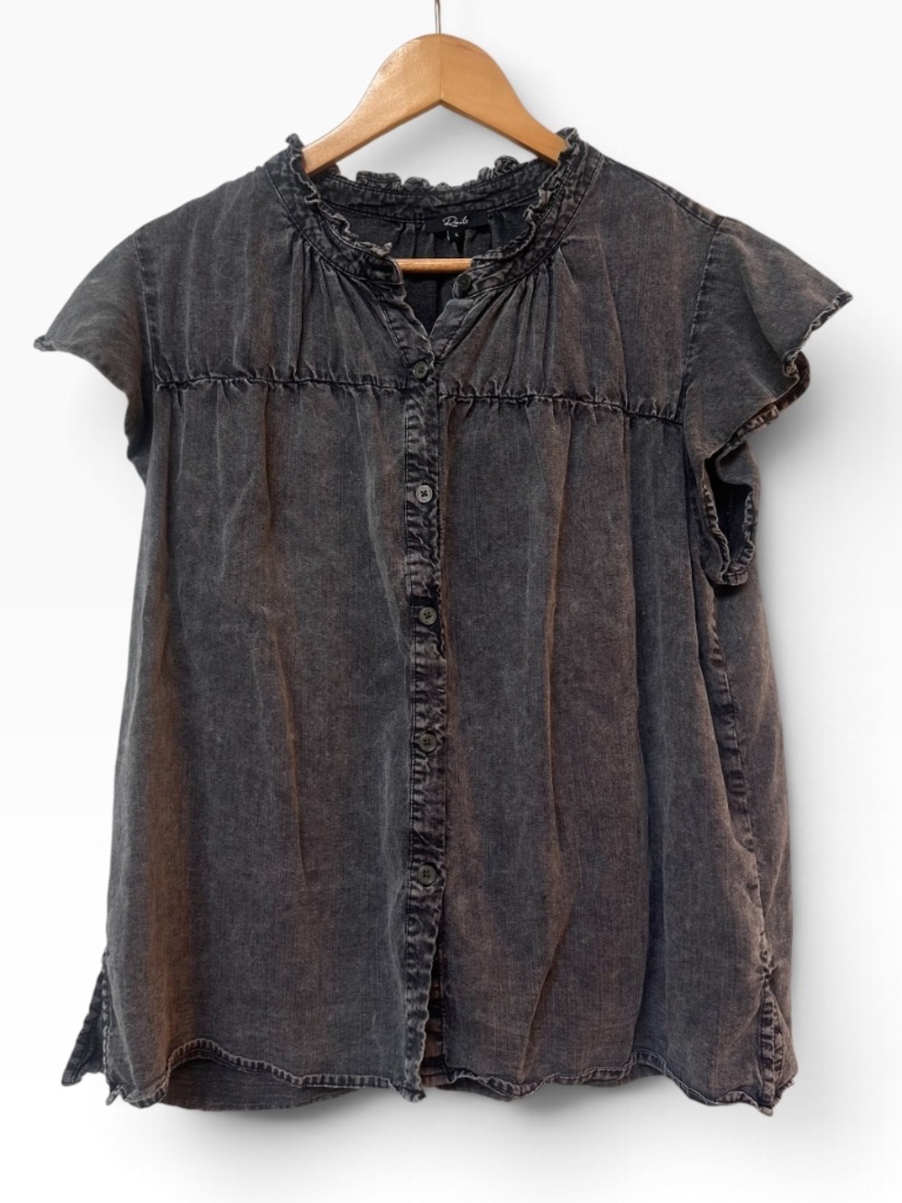 Rails Black Mineral Washed Ruffle Cap Sleeve Button-Down Blouse Size L